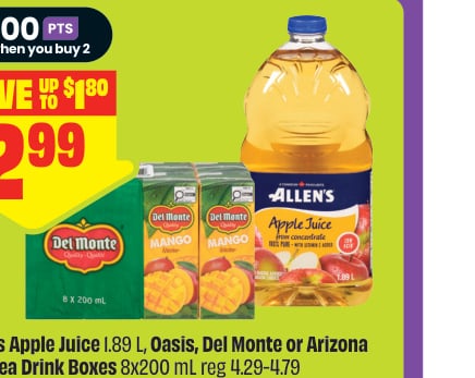 Allen's Apple Juice, Oasis, Del Monte or Arizona Iced Tea Drink Boxes