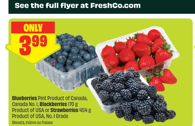 Blueberries Pint Product of Canada, Canada No. 1, Blackberries 170 g Product of USA or Strawberries 454 g Product of USA, No. 1 Grade