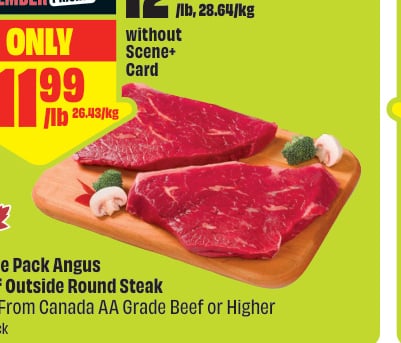 Value Pack Angus Beef Outside Round Steak Cut From Canada AA Grade Beef or Higher