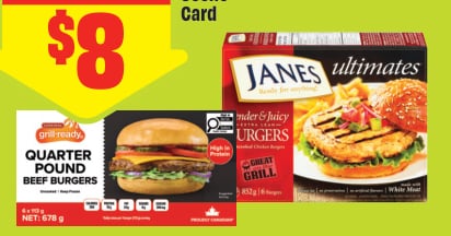 Cardinal Quarter Pound Beef Burgers Frozen 678 g or Janes Ultimates Chicken Burgers Frozen 852 g