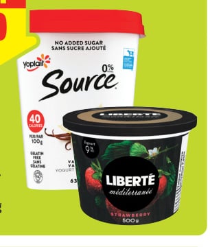 Liberté Méditerranée Yogurt or Yoplait Source Tubs