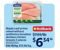 Maple Leaf prime raised without antibiotics boneless skinless chicken breasts 3-pieces