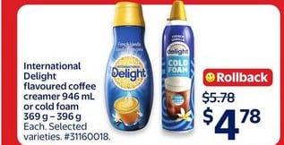 International Delight flavoured coffee creamer or cold foam