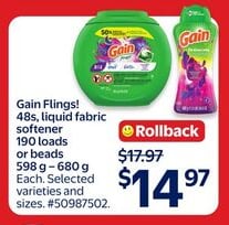 Gain Flings! 48s, liquid fabric softener 190 loads or beads