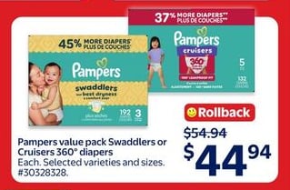 Pampers value pack Swaddlers or Cruisers 360° diapers
