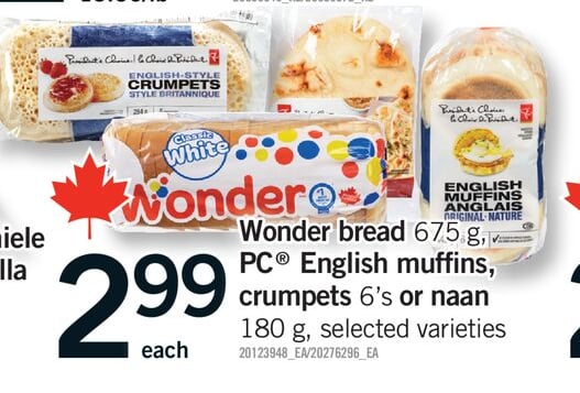 WONDER BREAD 675 G, PC® ENGLISH MUFFINS, CRUMPETS, 6'S OR NAAN, 180 G