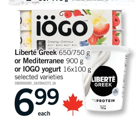 LIBERTÉ GREEK, 650/750 G OR MEDITERRANEE, 900 G OR IOGO YOGURT, 16X100 G