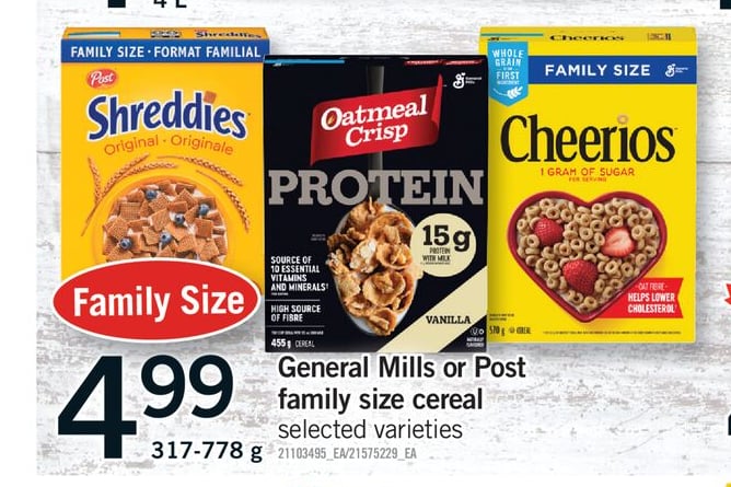 GENERAL MILLS OR POST FAMILY SIZE CEREAL, 317-778 g