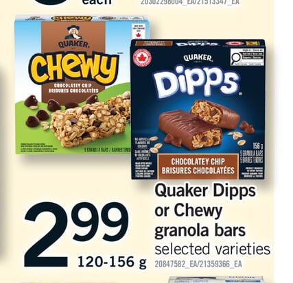 QUAKER DIPPS OR CHEWY GRANOLA BARS, 120-156 g