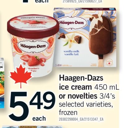 HAAGEN-DAZS ICE CREAM, 450 ML OR NOVELTIES, 3/4'S