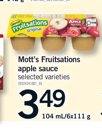 MOTT'S FRUITSATIONS APPLE SAUCE, 104 mL/6x111 g