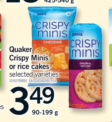 QUAKER CRISPY MINIS OR RICE CAKES, 90-199 g