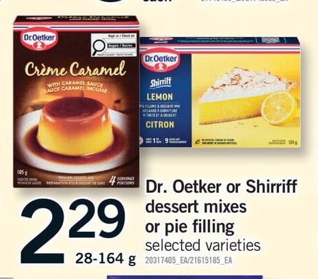 DR. OETKER OR SHIRRIFF DESSERT MIXES OR PIE FILLING, 28-164 G