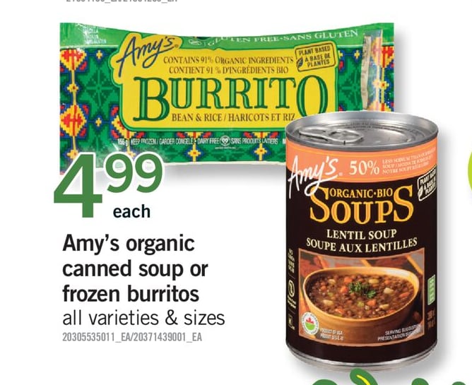 AMY'S ORGANIC CANNED SOUP OR FROZEN BURRITOS