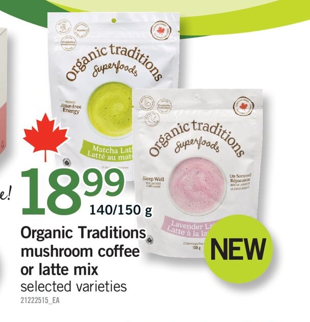 ORGANIC TRADITIONS MUSHROOM COFFEE OR LATTE MIX, 140/150 g