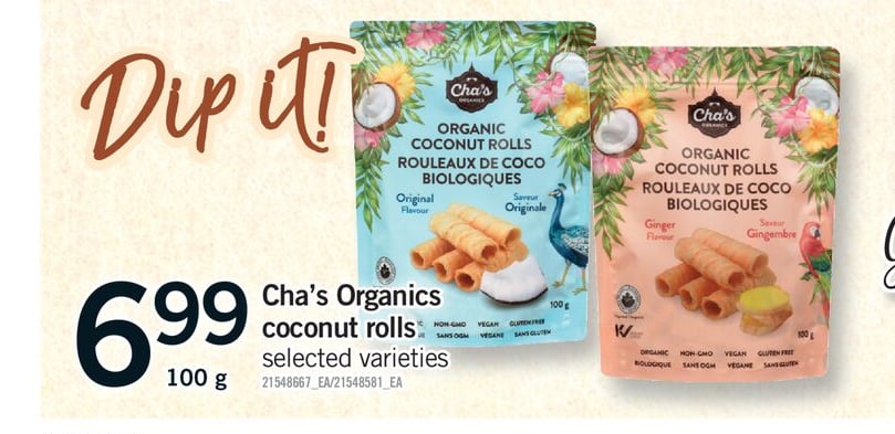 CHA'S ORGANICS COCONUT ROLLS, 100 G