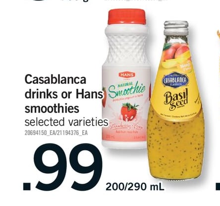CASABLANCA DRINKS OR HANS SMOOTHIES, 200/290 ML