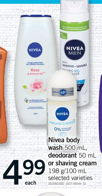 NIVEA BODY WASH 500 ML, DEODORANT 50 ML OR SHAVING CREAM 198 G/100 ML