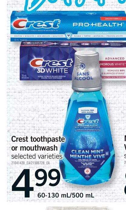 CREST TOOTHPASTE OR MOUTHWASH, 60-130 mL/500 mL