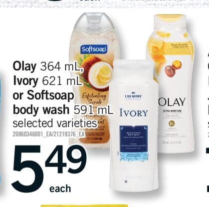 OLAY, 364 ML, IVORY, 621 ML OR SOFTSOAP BODY WASH, 591 ML