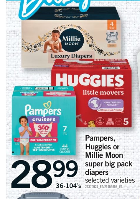 PAMPERS, HUGGIES OR MILLIE MOON SUPER BIG PACK DIAPERS, 36-104's
