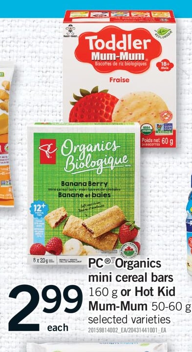 PC® ORGANICS MINI CEREAL BARS 160 G OR HOT KID MUM-MUM 50-60 G