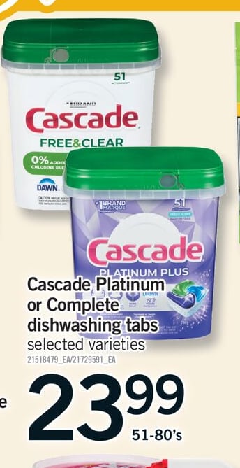 CASCADE PLATINUM OR COMPLETE DISHWASHING TABS, 51-80'S