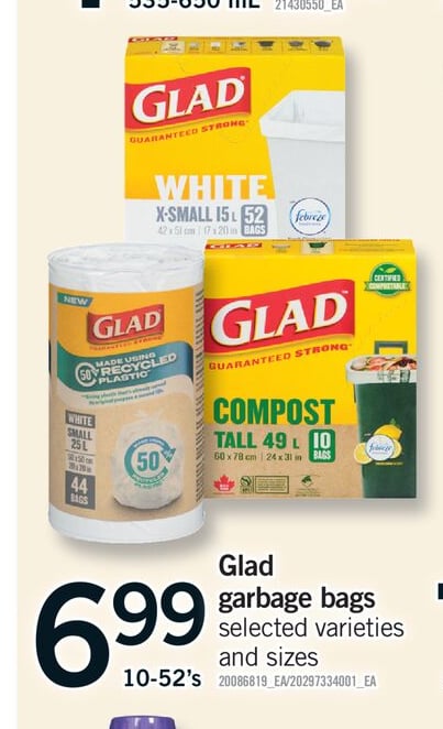 GLAD GARBAGE BAGS, 10-52'S