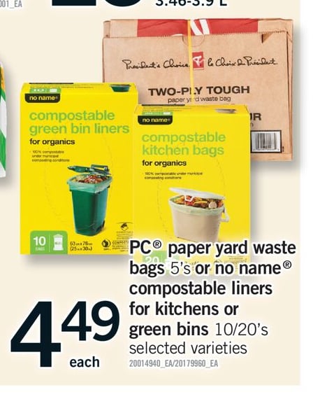 PC® PAPER YARD WASTE BAGS, 5'S OR NO NAME® COMPOSTABLE LINERS FOR KITCHENS OR GREEN BINS, 10/20'S