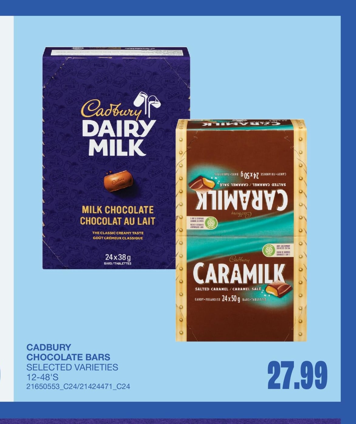CADBURY CHOCOLATE BARS, 12-48'S