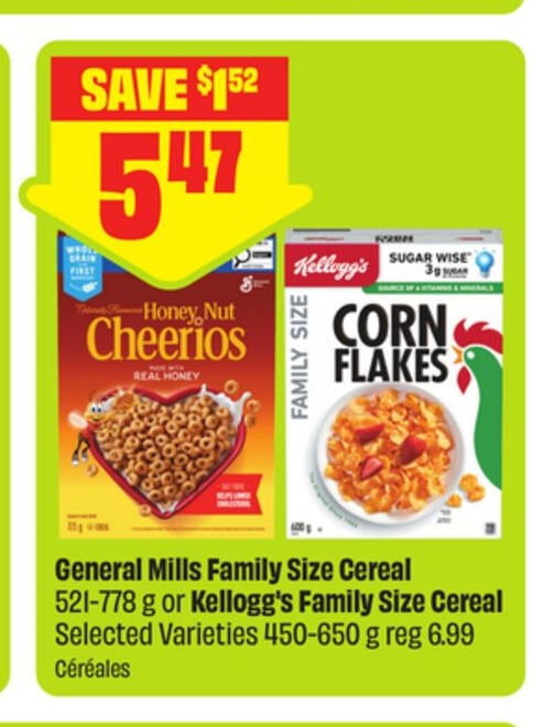 General Mills Family Size Cereal 521-778 g or Kellogg's Family Size Cereal Selected Varieties 450-650 g