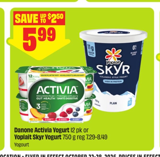 Danone Activia Yogurt 12 pk or Yoplait Skyr Yogurt 750 g