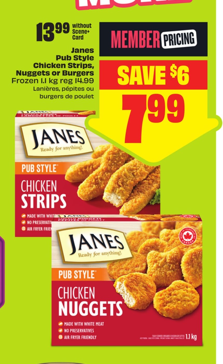 Janes Pub Style Chicken Strips, Nuggets or Burgers FROZEN 1.1 kg