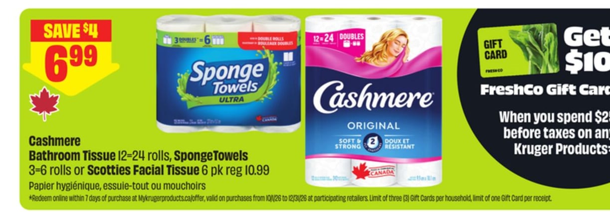 Cashmere Bathroom Tissue 12-24 rolls, Sponge Towels 3-6 rolls or Scotties Facial Tissue 6 pk