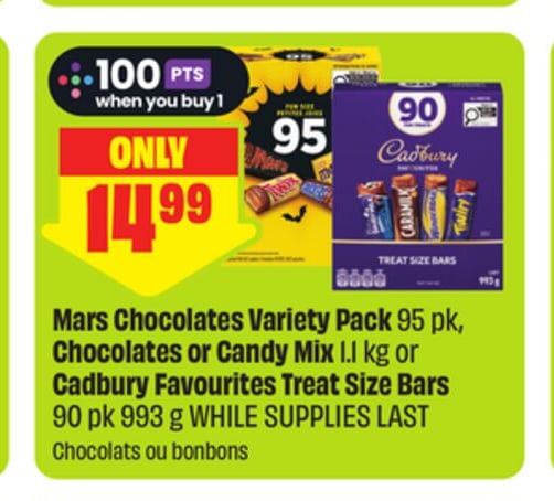 Mars Chocolates Variety Pack 95 pk, Chocolates or Candy Mix 1.1 kg or Cadbury Favourites Treat Size Bars 90 pk 993 g