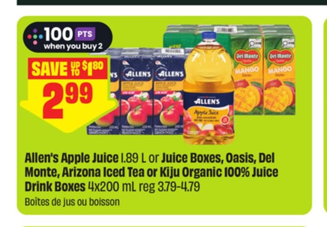 Allen's Apple Juice 1.89 L or Juice Boxes, Oasis, Del Monte, Arizona Iced Tea or Kiju Organic 100% Juice Drink Boxes 4x200 mL