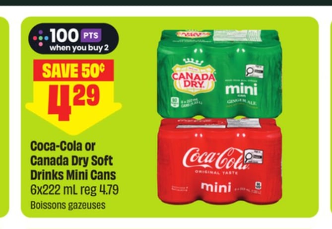 Coca-Cola or Canada Dry Soft Drinks Mini Cans 6x222 mL