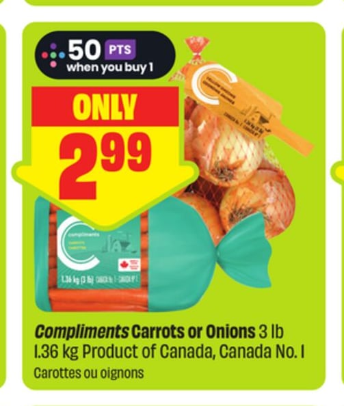 Compliments Carrots or Onions 3 lb 1.36 kg Product of Canada, Canada No. 1