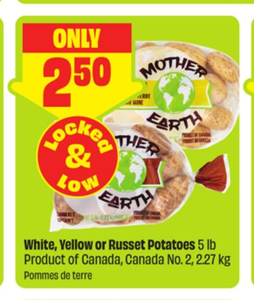 White, Yellow or Russet Potatoes 5 lb Product of Canada, Canada No. 2, 2.27 kg