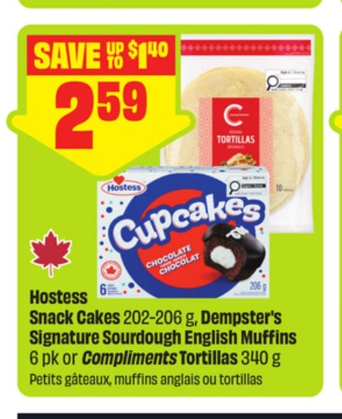 Hostess Snack Cakes 202-206 g, Dempster's Signature Sourdough English Muffins 6 pk or Compliments Tortillas 340 g