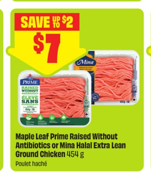 Maple Leaf Prime Raised Without Antibiotics or Mina Halal Extra Lean Ground Chicken 454 g