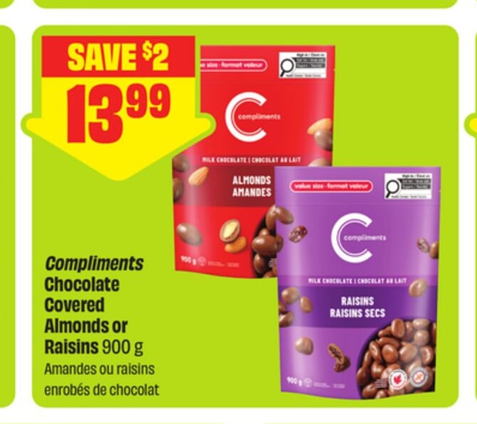 Compliments Chocolate Covered Almonds or Raisins 900 g