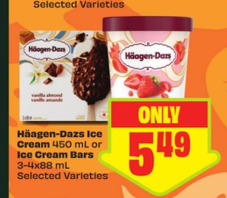 Häagen-Dazs Ice Cream 450 mL or Ice Cream Bars 3-4x88 mL Selected Varieties