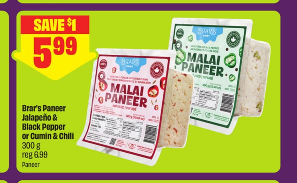 Brar's Paneer Jalapeño & Black Pepper or Cumin & Chili 300 g - FreshCo Diwali