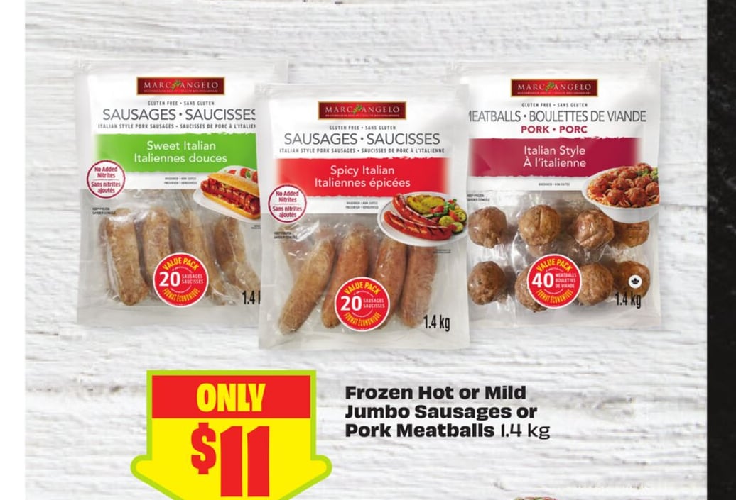 Frozen Hot or Mild Jumbo Sausages or Pork Meatballs 1.4 kg