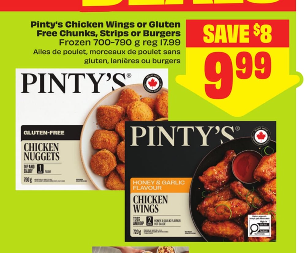 Pinty's Chicken Wings or Gluten Free Chunks, Strips or Burgers