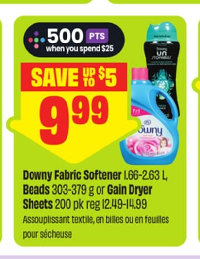 Downy Fabric Softener 1.66-2.63 L, Heads 303—379 g or Gain Dryer Sheets 200 pk