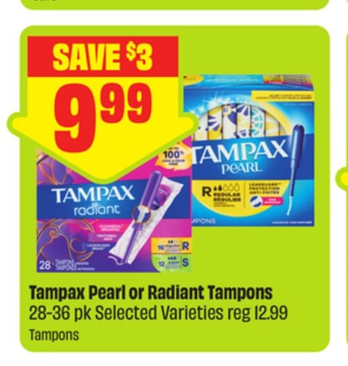 Tampax Pearl or Radiant Tampons Selected Varieties