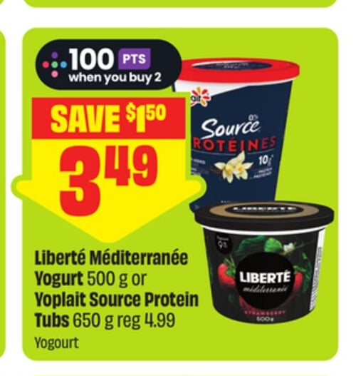 Liberté Méditerranée Yogurt 500 g or Yoplait Source Protein Tubs 650 g