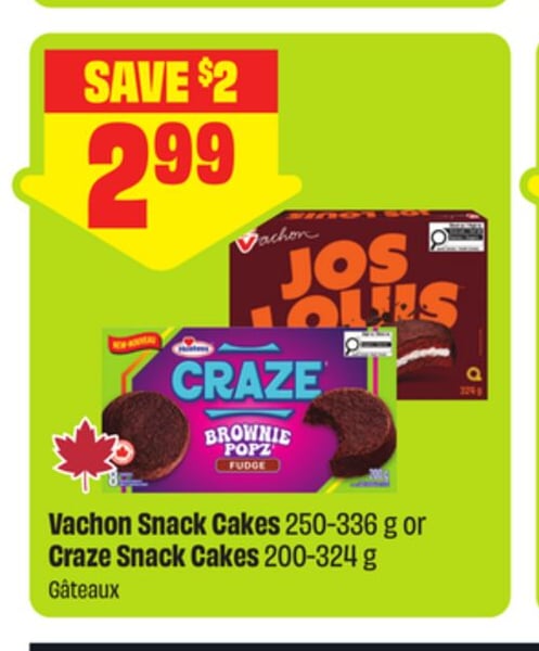 Vachon Snack Cakes 250-336 g or Craze Snack Cakes 200-324 g